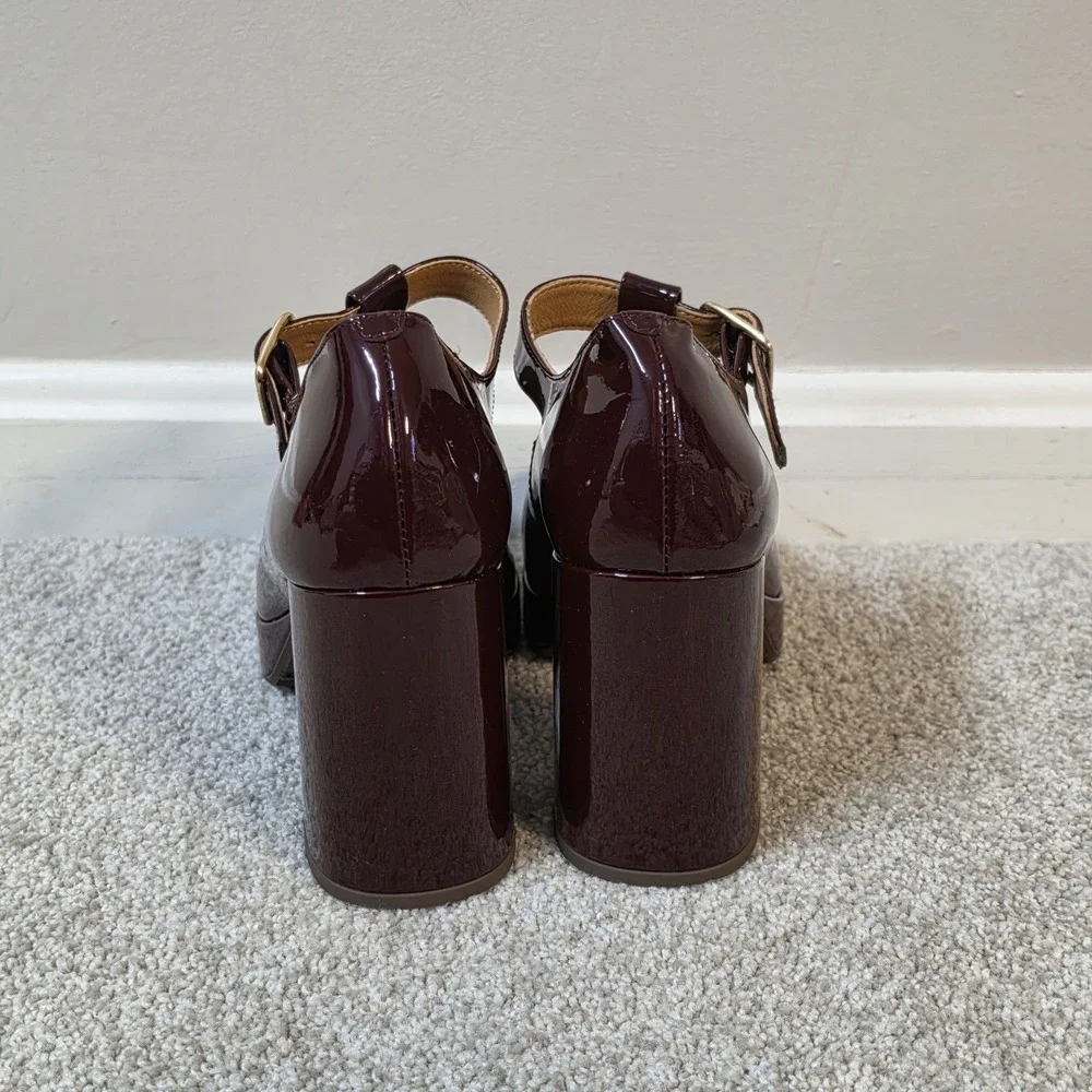 Sezane Monique Mary Jane Heels Burgundy Patent Leather Platform Pumps EU 39